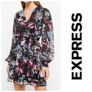 Express Floral Long Sleeve Tie Waist Mini Dress